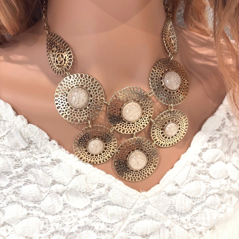 Vintage Statement Necklace Gold Tone Filigree Regency Tribal Geometric 20662